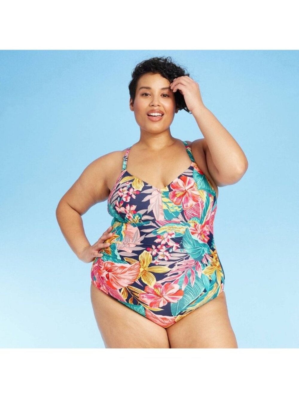 Tropical Floral Plus Size One-Piece Swimsuit With Strappy Back 18W